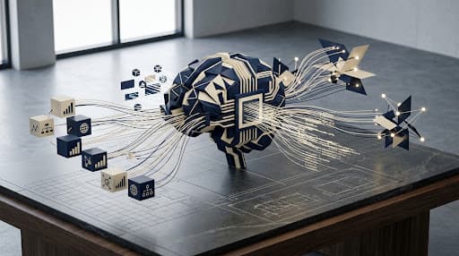 Architectural visualization of an AI engine connected to business data, analytics, and decision points